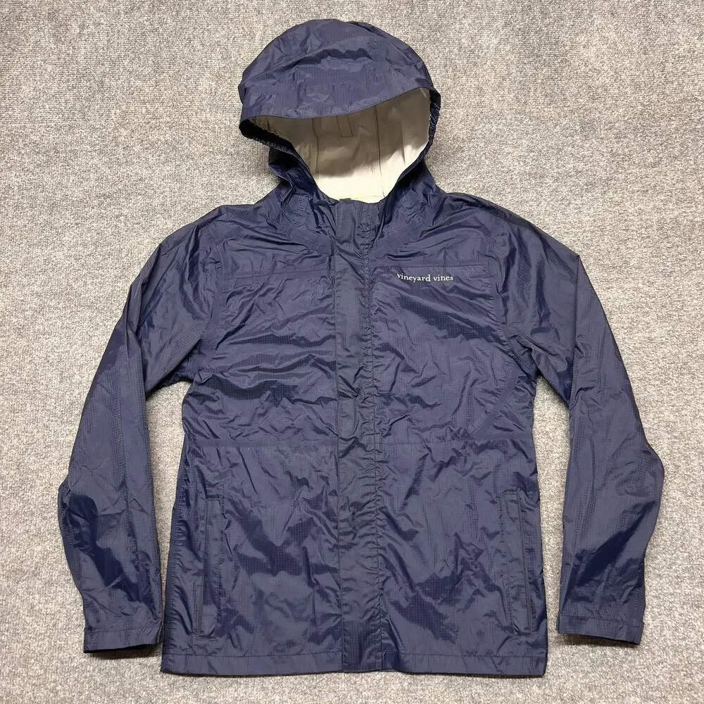 Vineyard Vines Jacket Boys Large 16 Blue Hooded Waterproof Nylon Rain Coat